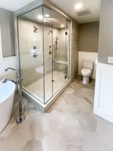 White bathroom with glass shower